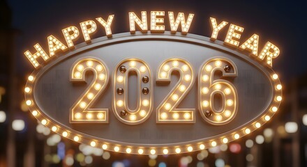 Retro Marquee Sign with Illuminated 2026 and Happy New Year Text image photo