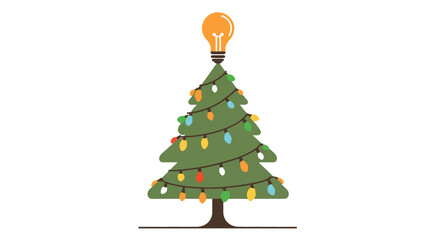 Vector illustration of a festive Christmas tree decorated with colorful lights and a bright light bulb as a star, representing new ideas and holiday spirit.
