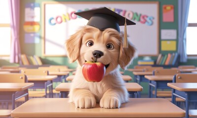 A golden retriever puppy, wearing a graduation cap, sits at a school desk, holding an apple. Classroom setting with a "Congratulations" board and rows of desks. 3D rendered image