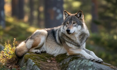 A gray wolf rests on a mossy rock in a sunlit forest