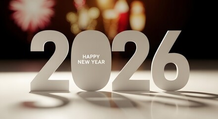 White 3D Numbers 2026 with Fireworks and Happy New Year Text image photo