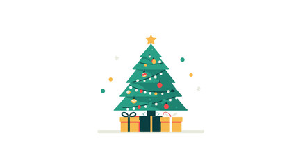 Festive Christmas Tree with Ornaments, Lights, and Wrapped Presents. Holiday Season Celebration Vector Illustration.