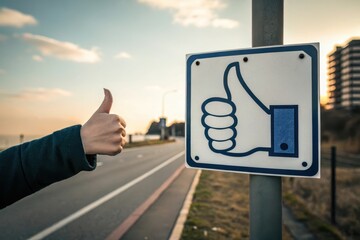 Person giving thumbsup near a like sign on a road