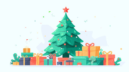 Whimsical Christmas Tree with festive ornaments and a shining star, surrounded by colorful wrapped presents and gift boxes. Holiday celebration vector illustration.