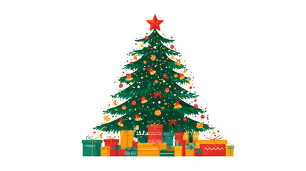 Festive Christmas Tree Illustration with Colorful Ornaments, Shining Star Topper, and Stacked Wrapped Gifts. Holiday Celebration Design Element.