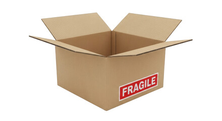 3d open cardboard box with fragile sticker isolated on transparent background