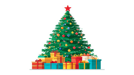 Detailed illustration of a festive Christmas tree adorned with colorful ornaments and a red star, surrounded by many wrapped gift boxes.