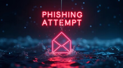A striking visual of a phishing attempt concept, featuring a glowing neon envelope against a dark watery background.
