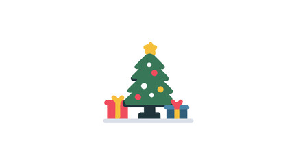 Stylized Christmas tree with colorful gift boxes illustration. Festive holiday season decoration, winter celebration greeting icon.
