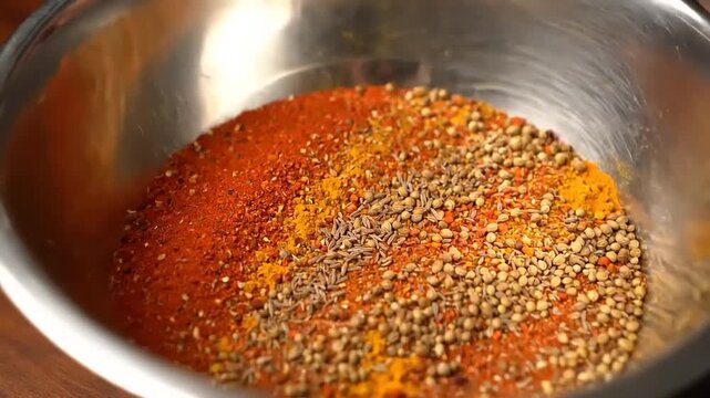 Spices in a bowl with culinary ingredients.