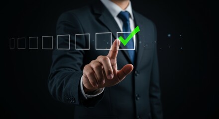Businessman's hand tapping on virtual checkbox with green tick mark, symbolizing completion, approval, or successful selection in a digital interface