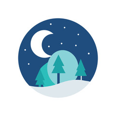 Serene snowy forest under a glowing moonlit night sky with twinkling stars vector