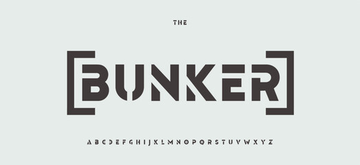 Bunker Stencil Font, Industrial Block Alphabet, Urban Geometric Letters, Bold Rust Industrial Type for Military Game Logo, Cargo, Emergency, Defence Text Title, Survival Typography. Vector Typeset