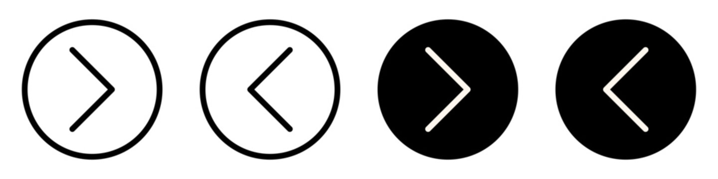 Set of left and right chevron navigation circle icons, outline and solid buttons, isolated on transparent vector illustration 