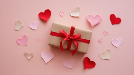 Beautifully Wrapped Gift Box Surrounded by Colorful Paper Hearts on Pink Background, Perfect for Celebrations and Special Occasions