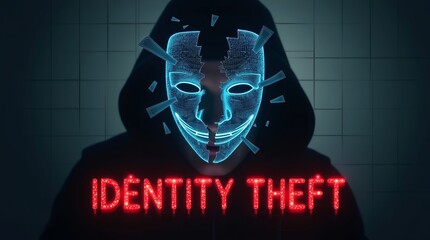 A male figure in a hooded jacket with a digital mask, symbolizing identity theft in a dark background with glowing text.