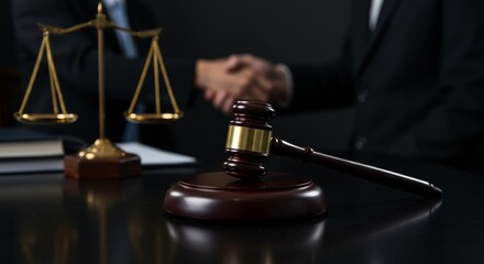 Legal gavel and scales of justice with blurred handshake representing agreement and ethical resolution