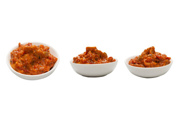 Vegetable stew in a bowl isolated on white background.