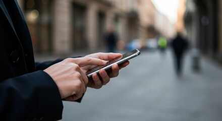 Close-up view of hands interacting with a smartphone on a busy city street, emphasizing digital life and urban connectivity