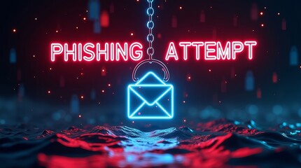 A captivating digital artwork visualizing a 'Phishing Attempt' theme with glowing blue and red colors, creating a mysterious and warning mood.
