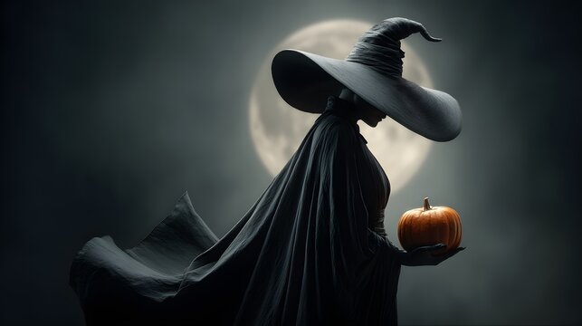 Fool moon with a Whitch holding a Jack-o'-lantern