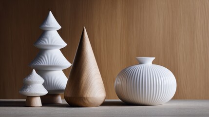 Modern minimalistic decor with stylish wooden and ceramic sculptures set against a warm wood backdrop showcasing contemporary design elegance