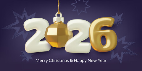 2026 New Year 3d numbers with a gold Christmas ball and fireworks on dark blue background. Vector illustration.