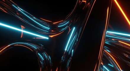 Futuristic abstract design featuring blue and orange neon lights reflecting off curved metallic surfaces, creating a dynamic and modern visual effect.