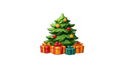 Vibrant Cartoon Christmas Tree with Colorful Ornaments and Stacked Presents, Festive Holiday Season Illustration on White Background