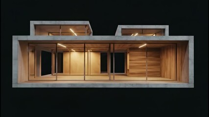 Vertical video of a 3D architectural design process. A glowing wireframe transforms into a modern concrete and wood house render. Futuristic building and real estate concept - Powered by Adobe