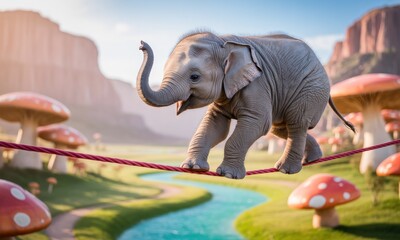 A playful baby elephant walks a tightrope amidst fantastical mushrooms and a serene landscape