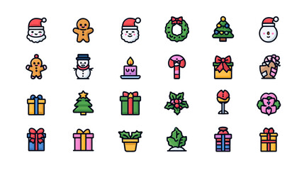 Pixel art Christmas and holiday icons set with festive elements like Santa, gingerbread man, snowman, tree, wreath, and gifts.