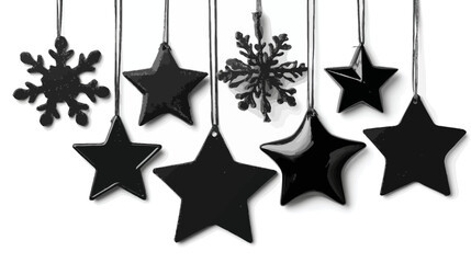 Black minimalist holiday ornaments, stars and snowflakes, hanging against a white background for festive decoration.