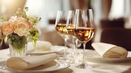 A beautifully arranged dining table features fine wine glasses white napkins and fresh flowers.