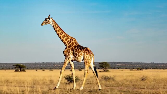Giraffe walking in the savanna under a clear blue sky with few clouds in the distance view giraffe video