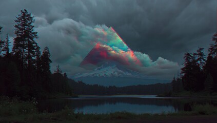 A dramatic, vibrant mountain peak, veiled in colorful clouds, rises above a serene lake nestled within a dark forest.
