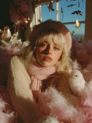 dreamy autumn escape: cozy model amid fluffy owls and golden leaves – perfect for elegance in sports interior posters