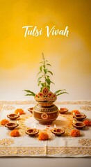 Fototapeta premium Sacred tulsi vivah ceremony with earthen diyas and auspicious decorations