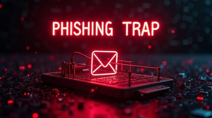 A digital phishing trap illustration featuring a mouse trap with an email icon, set against a dark, glimmering backdrop.