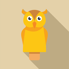 Adorable yellow owl puppet standing against a beige background, casting a long shadow