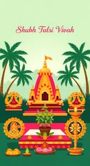 Vibrant indian temple celebration with palm trees and traditional decorations