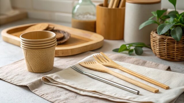 Reusable straw and bamboo cutlery on a napkin on a table