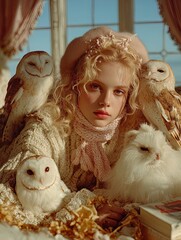 dreamy autumn escape: cozy model amid fluffy owls and golden leaves – perfect for elegance in sports interior posters