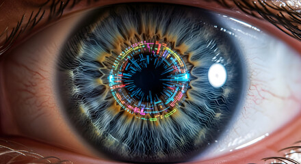 Futuristic eye with digital interface overlay, visualizing cybernetics and biometric technology for cutting-edge tech and identity concepts