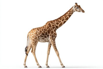 Fototapeta premium Young giraffe walking with long neck and distinctive spotted coat in natural setting