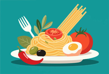 Colorful pasta plate with tomatoes egg olives chili, flat design isolated
