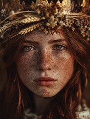 serene earthy portrait of a freckled woman in wheat crown: perfect for rustic interior decor or sporty home aesthetics in warm golden hour glow