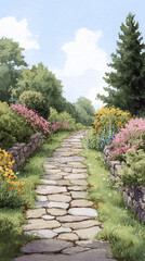 Obraz premium A Charming Garden Pathway Surrounded by Vibrant Blooms and Lush Greenery, Invoking a Sense of Serenity and Natural Beauty in a Picturesque Landscape