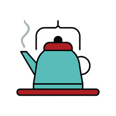 Teakettle steaming gently on a rustic wooden stove with simple flat design elements vector