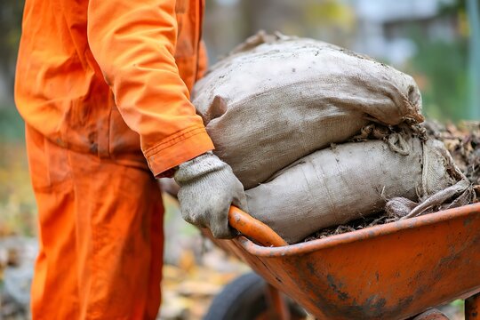 Worker pushing wheelbarrow carrying bags of autumn leaves